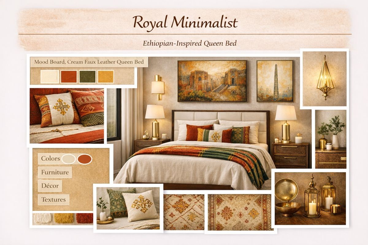 Royal Minimalist mood board with a cream faux-leather queen bed and restrained Ethiopian-inspired styling