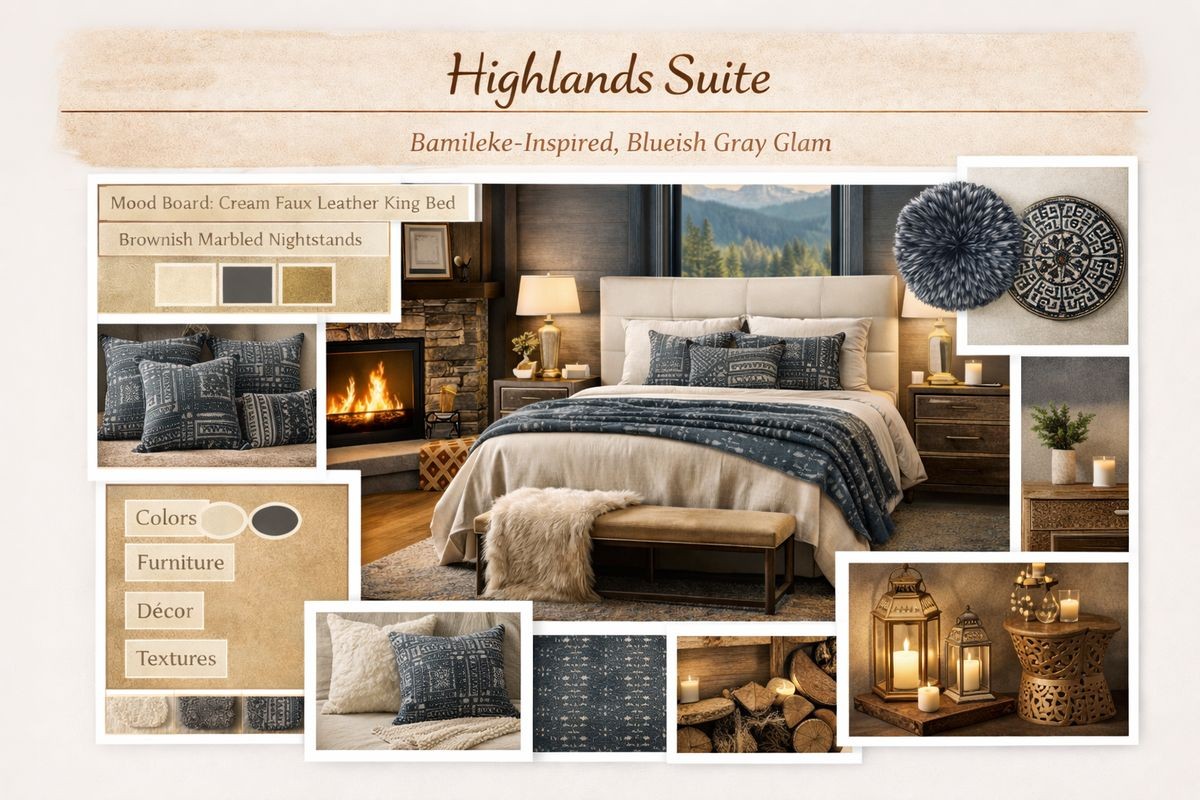 Highlands Suite mood board with bluish-gray glamour, cream faux-leather king bed and marbled nightstands