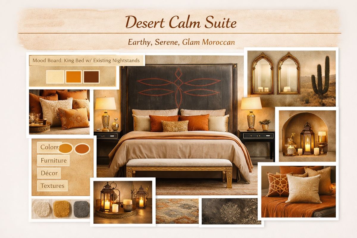 Desert Calm Suite mood board with earthy Moroccan-influenced textures and a king bed