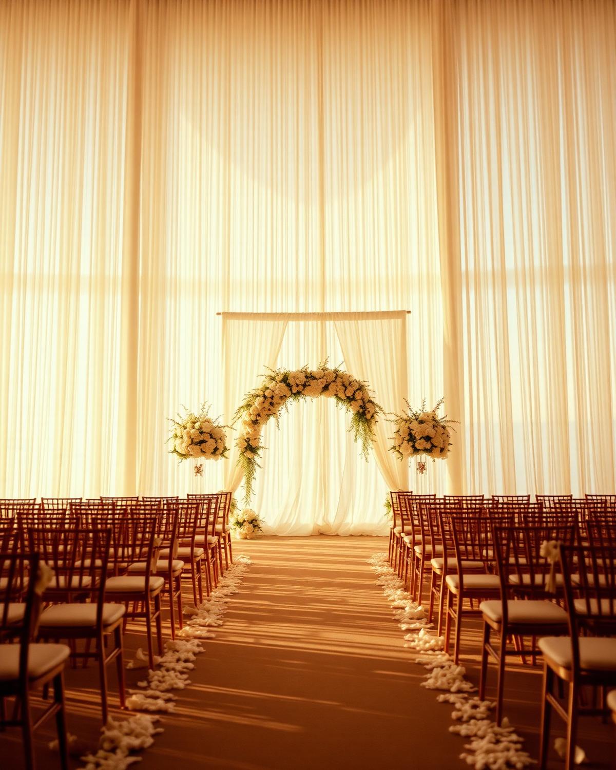 Ceremony aisle framed by ivory drapery and soft floral arrangements in warm light